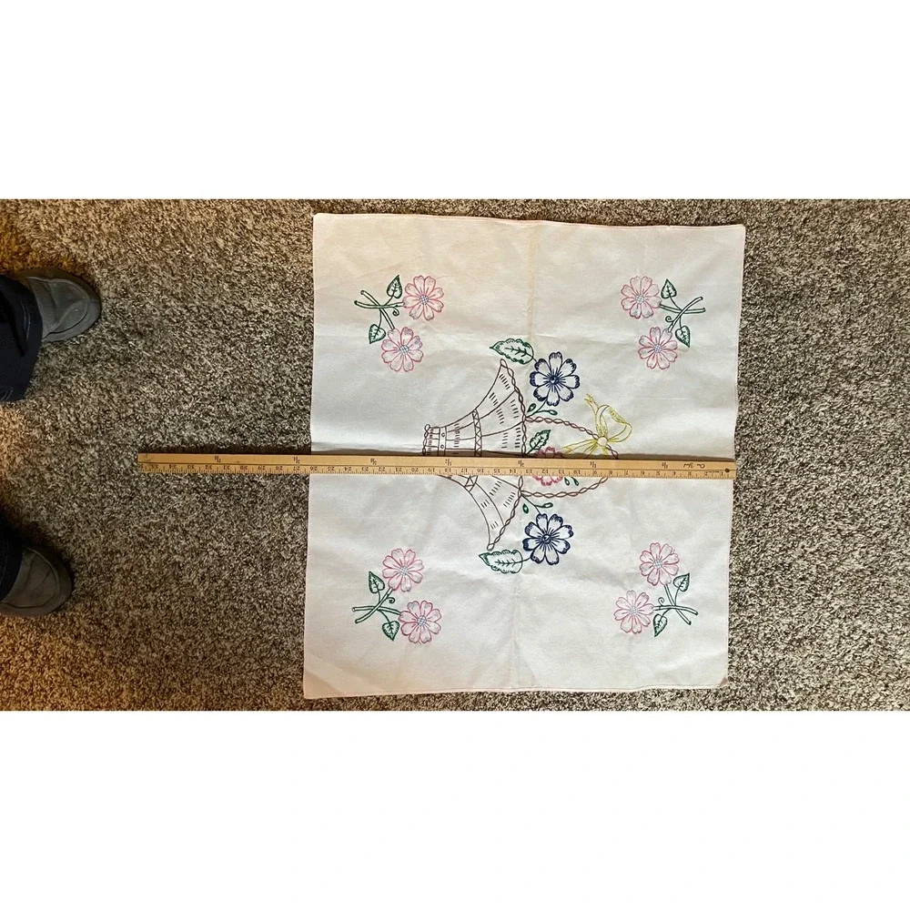 Vintage Square Hand Embroidered White‎ Cotton tablecloth Floral Basket Stains